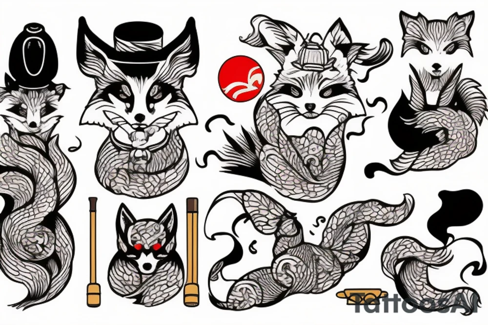kitsune in kimono smoking a pipe tattoo idea