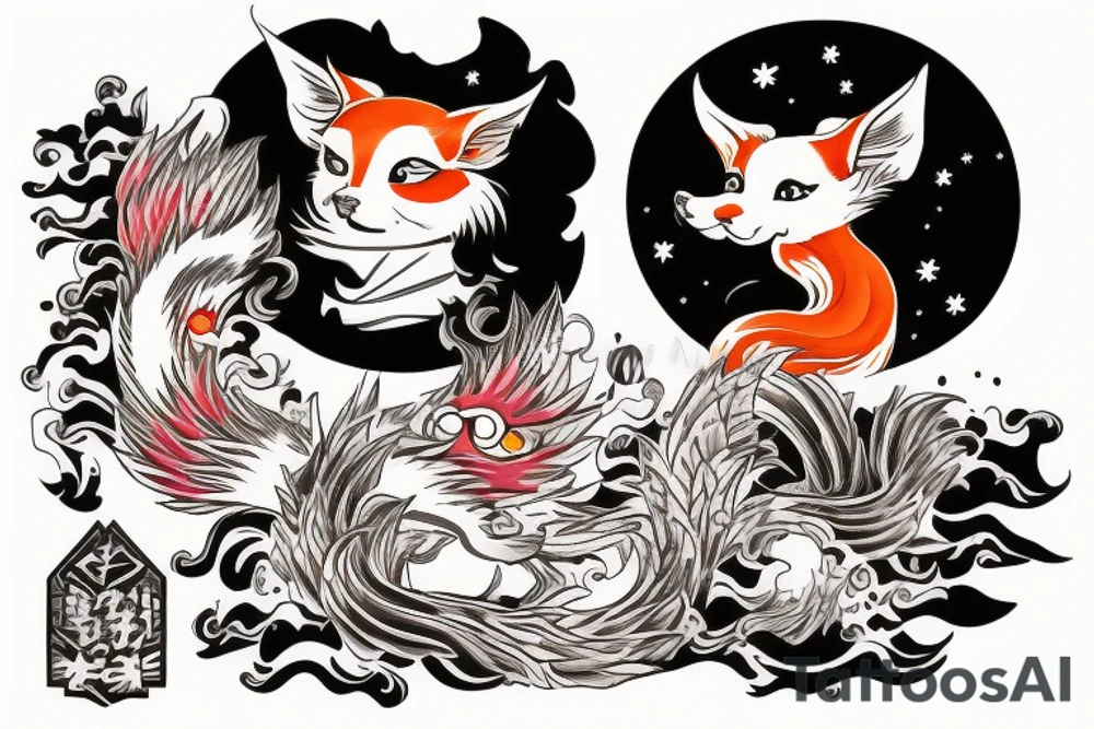 kitsune in kimono smoking a pipe tattoo idea