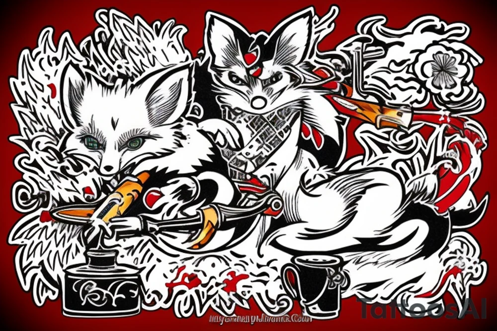 kitsune in kimono smoking a pipe tattoo idea