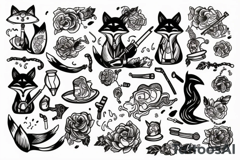 fox in kimono smoking a pipe tattoo idea