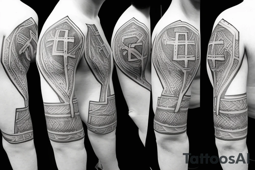 A shoulder tattoo with the letters AMDG in the 4 corners of a Christian Cross tattoo idea