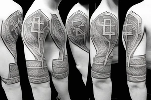 A shoulder tattoo with the letters AMDG in the 4 corners of a Christian Cross tattoo idea