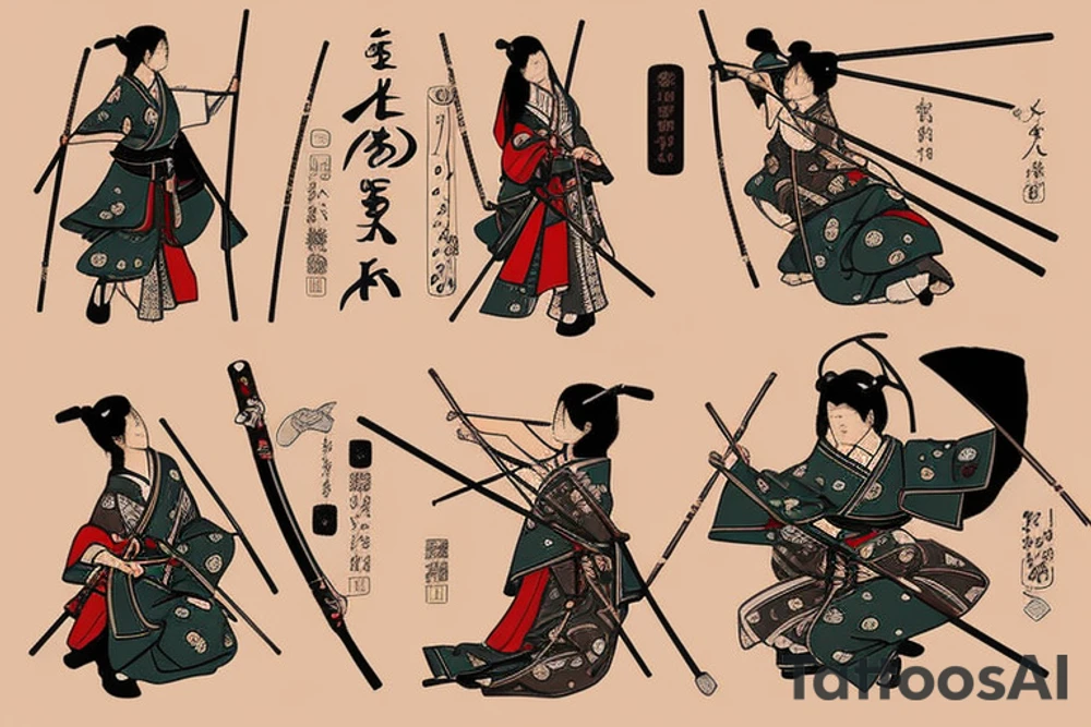 traditional japanese woman archer with a longbow in a standard traditional clothing tattoo idea