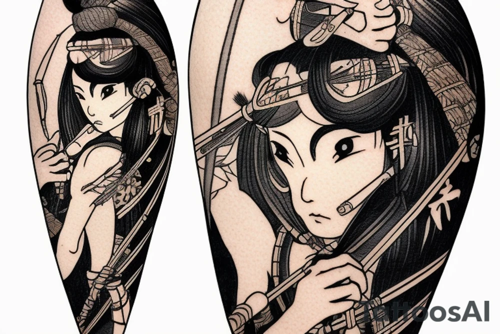 traditional japanese woman archer with a longbow in a standard traditional clothing tattoo idea