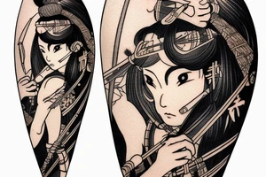 traditional japanese woman archer with a longbow in a standard traditional clothing tattoo idea