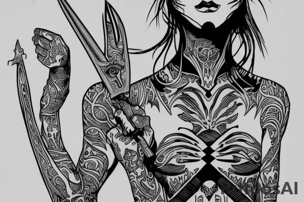 Dune Fremen woman warrior full body, holding a knife, forearm tattoo tattoo idea