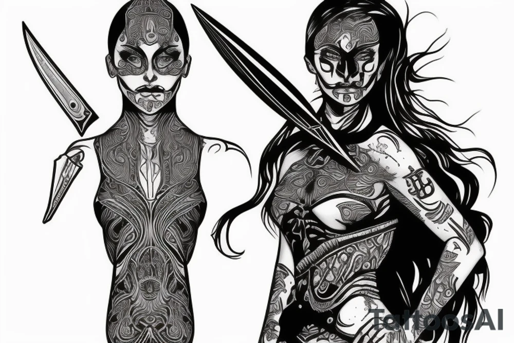 Dune Fremen woman warrior full body, holding a knife, forearm tattoo tattoo idea