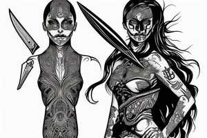 Dune Fremen woman warrior full body, holding a knife, forearm tattoo tattoo idea