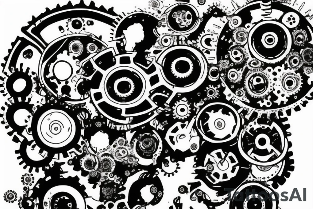Tear out with mechanical gears and flowers are growing through them tattoo idea