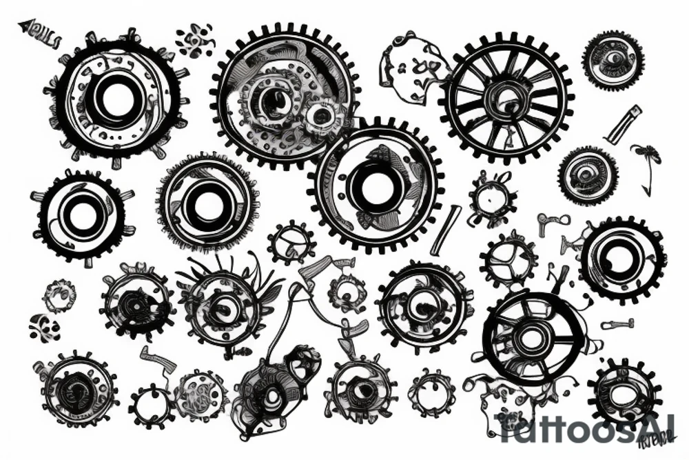 Tear out with mechanical gears and flowers are growing through them tattoo idea