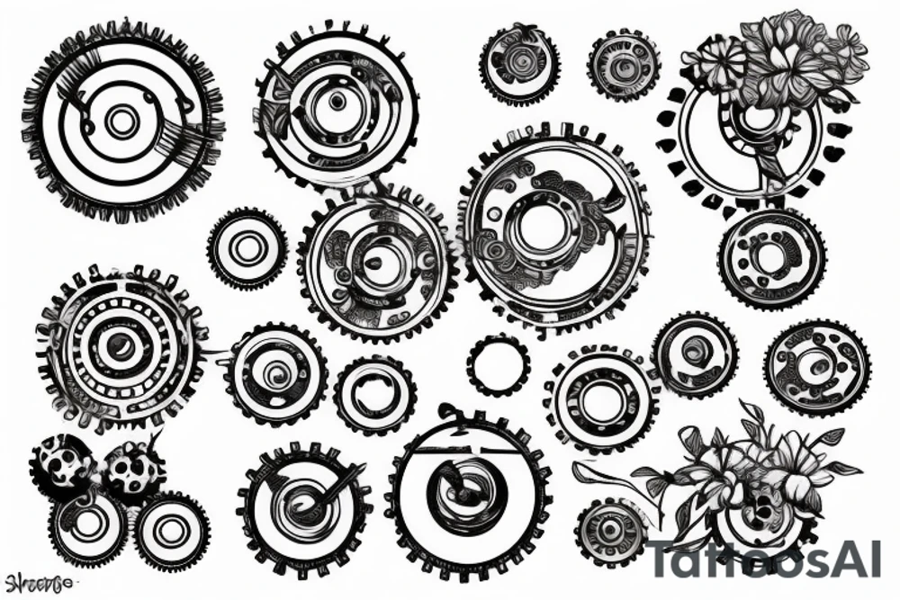 Tear out with mechanical gears and flowers are growing through them tattoo idea