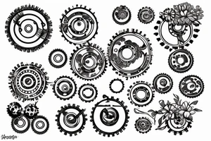 Tear out with mechanical gears and flowers are growing through them tattoo idea