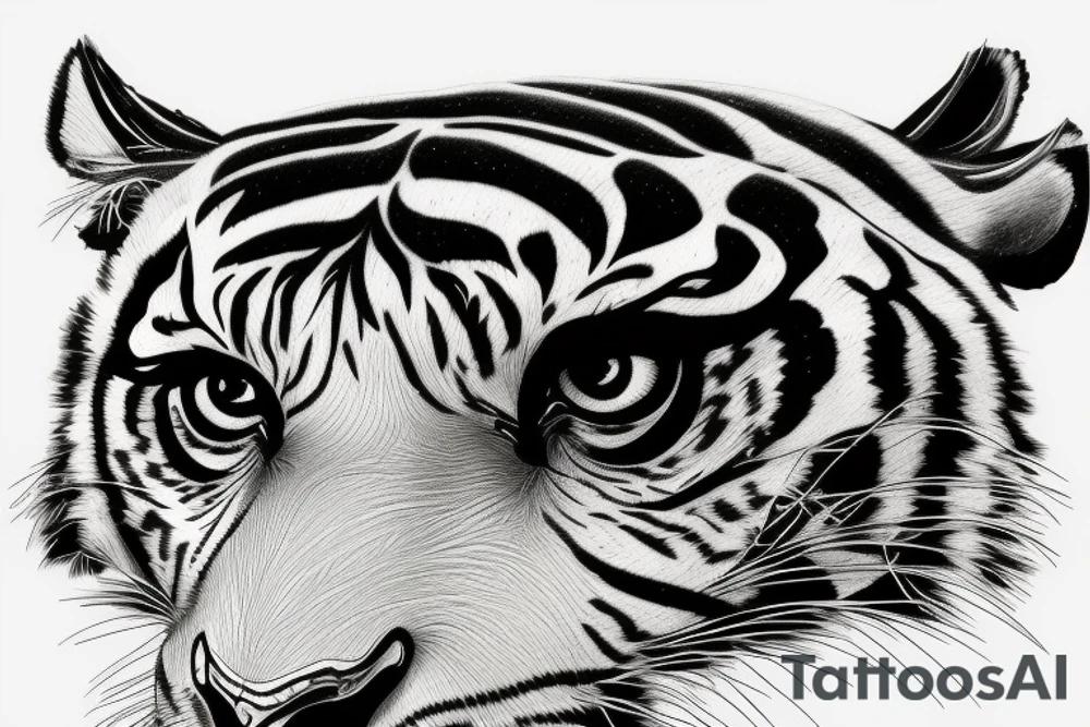 An angry tiger fading into ornaments and a real human eye that is blind tattoo idea