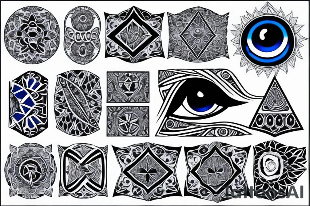 Blue evil eye with geometric designs tattoo idea