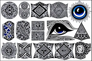 Blue evil eye with geometric designs tattoo idea