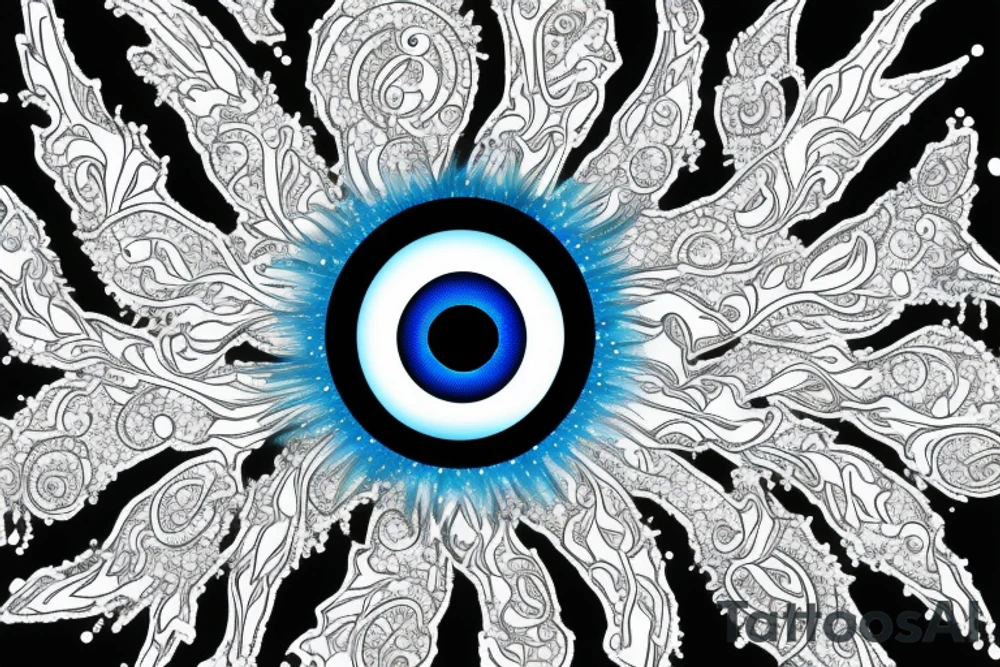 Blue evil eye with sparkle, cloud, wing tattoo idea