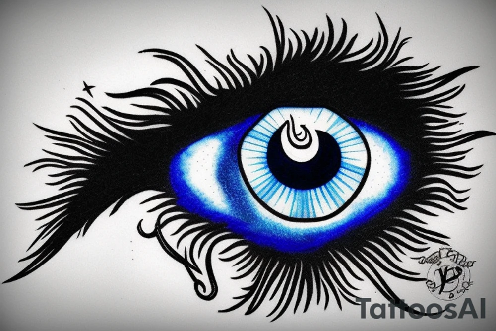 Blue evil eye with sparkle, cloud, wing tattoo idea