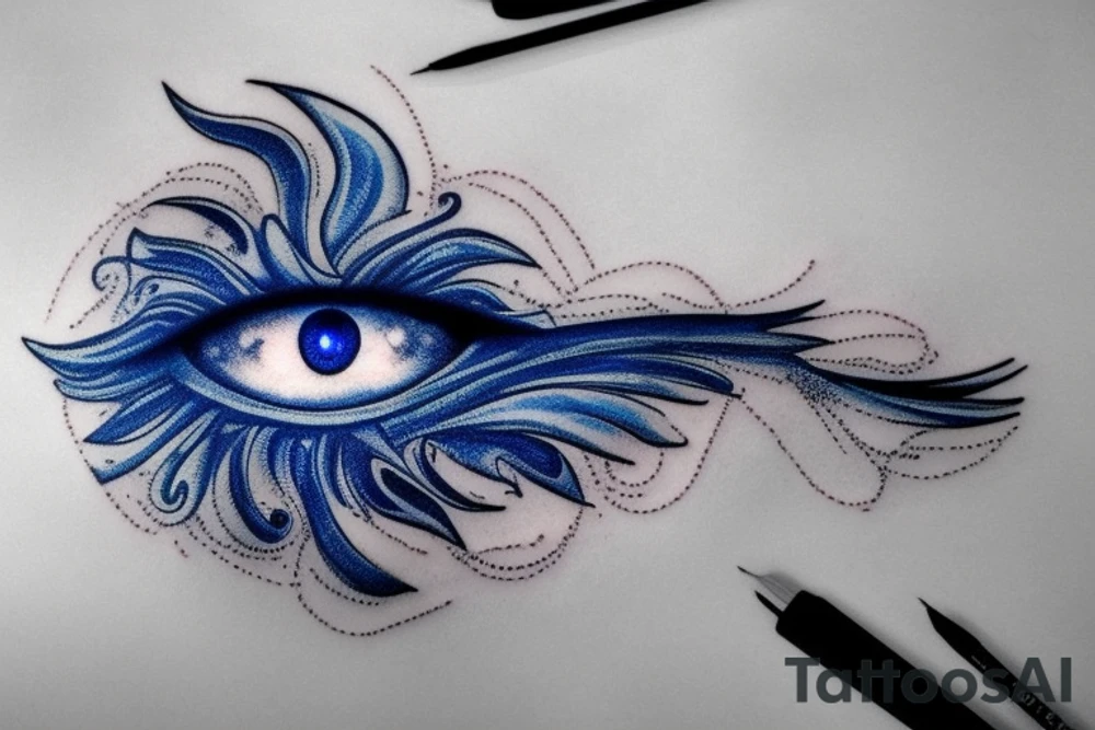 Blue evil eye with sparkle, cloud, wing tattoo idea