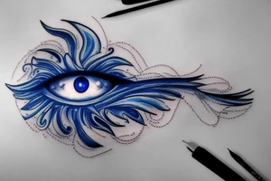 Blue evil eye with sparkle, cloud, wing tattoo idea