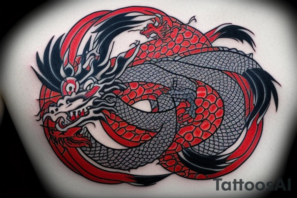 Dragon biting it’s own tail in a perfect circle, red black and blue tattoo idea
