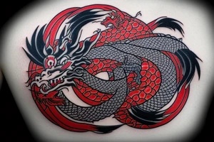 Dragon biting it’s own tail in a perfect circle, red black and blue tattoo idea