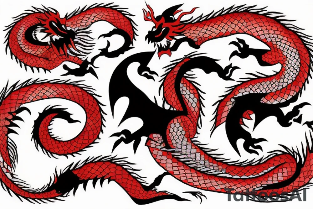 Dragon biting it’s own tail in a perfect circle, red black and blue tattoo idea