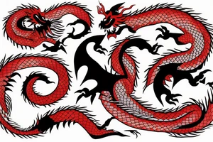 Dragon biting it’s own tail in a perfect circle, red black and blue tattoo idea