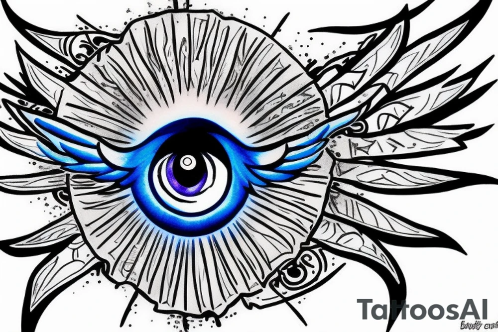Blue evil eye with wings tattoo idea