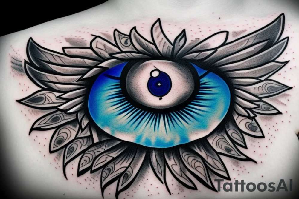 Blue evil eye with wings tattoo idea