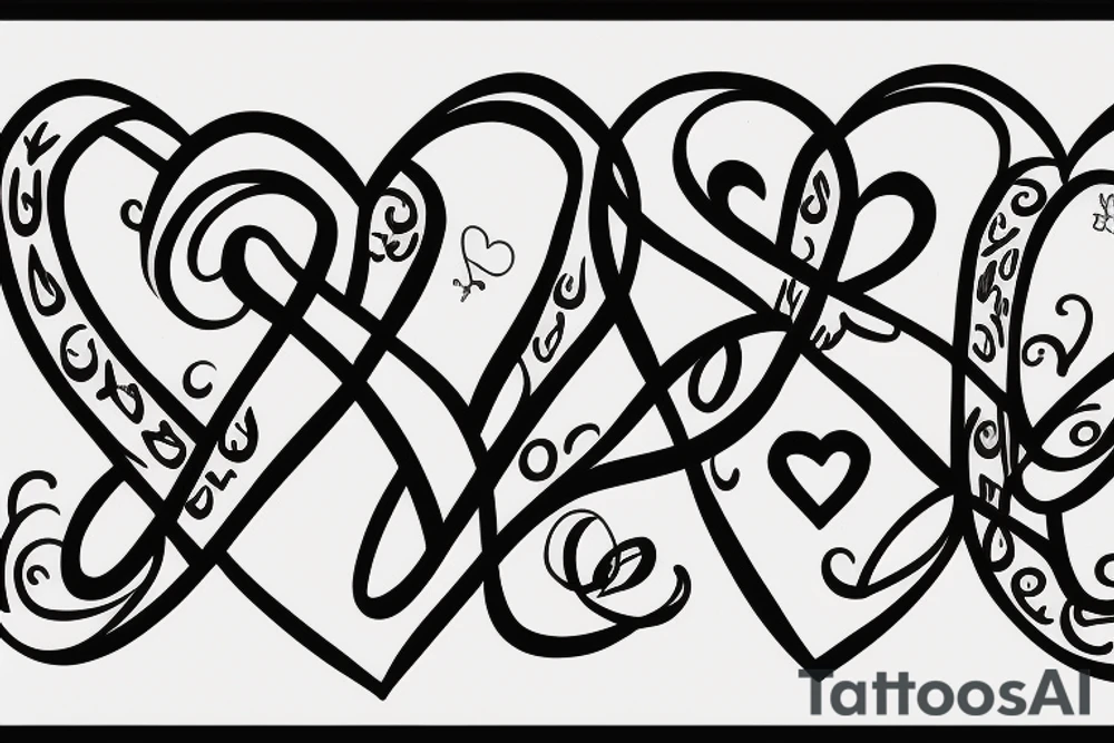Infinity symbol mom and two daughters shaped into heart. Names Zoe And Emma written in script. Sunflowers tattoo idea