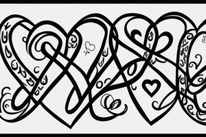 Infinity symbol mom and two daughters shaped into heart. Names Zoe And Emma written in script. Sunflowers tattoo idea
