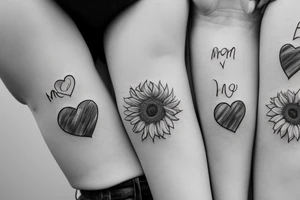 mom and two daughters shaped into heart. Names Zoe And Emma written in script. Sunflowers tattoo idea