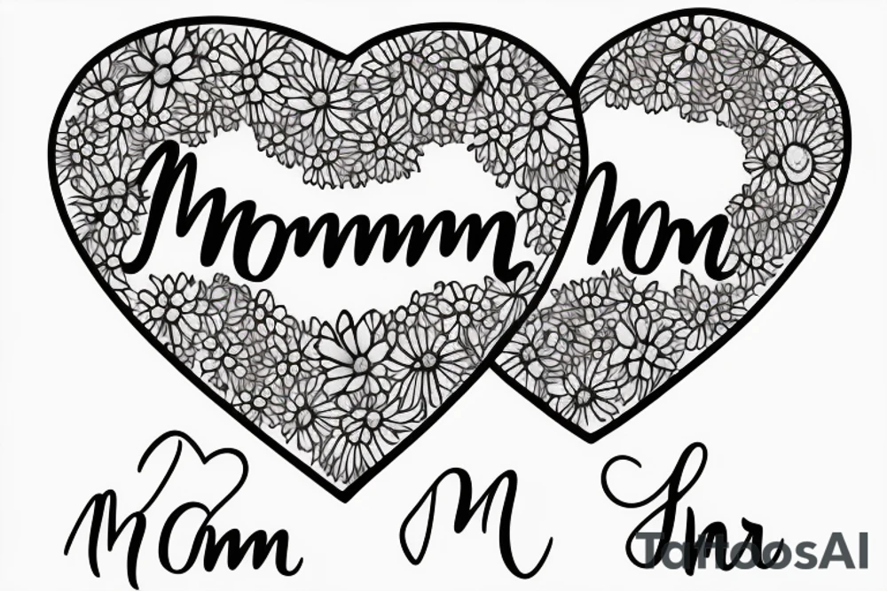mom and two daughters shaped into heart. Names Zoe And Emma written in script. Sunflowers tattoo idea