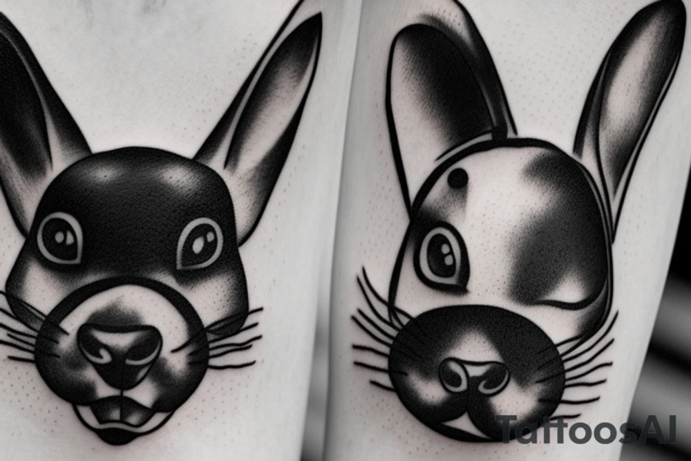 Black puppy and white bunny touching noses tattoo idea