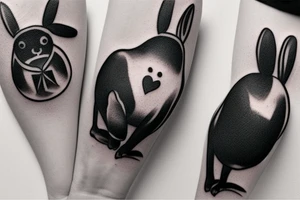 Black puppy and white bunny touching noses tattoo idea