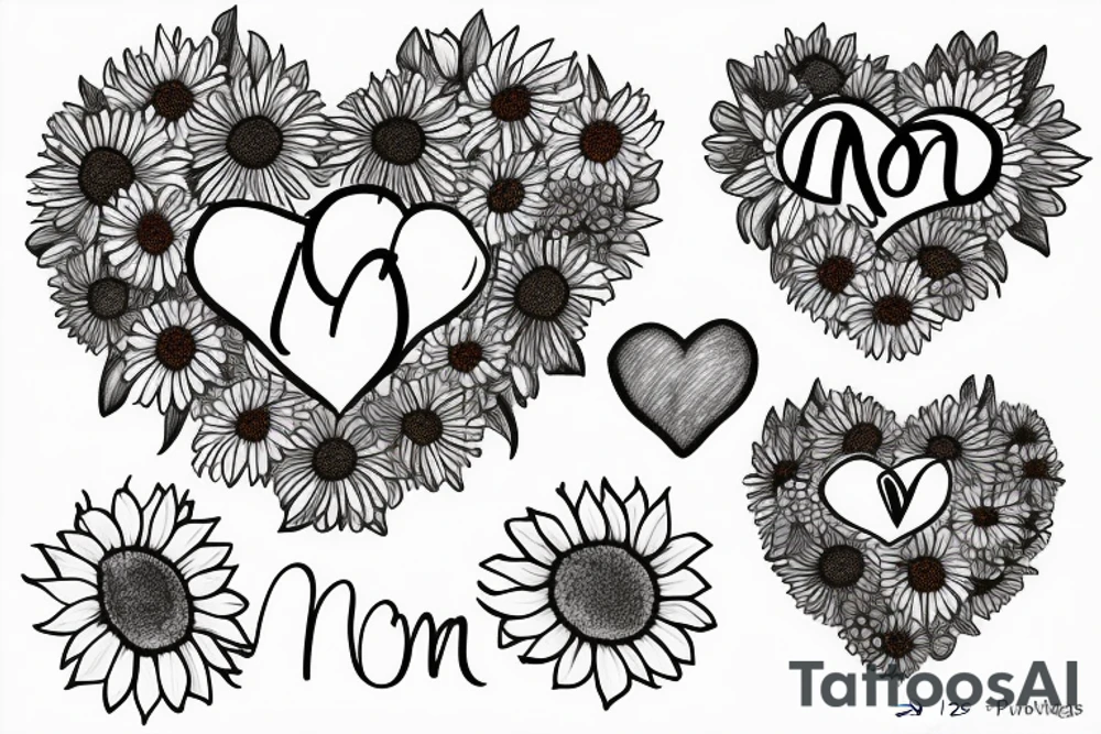 mom and two daughters shaped into heart. Names Zoe And Emma. Sunflowers tattoo idea