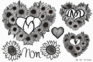mom and two daughters shaped into heart. Names Zoe And Emma. Sunflowers tattoo idea