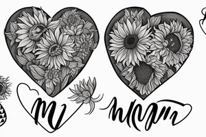 mom and two daughters shaped into heart. Names Zoe And Emma. Sunflowers tattoo idea