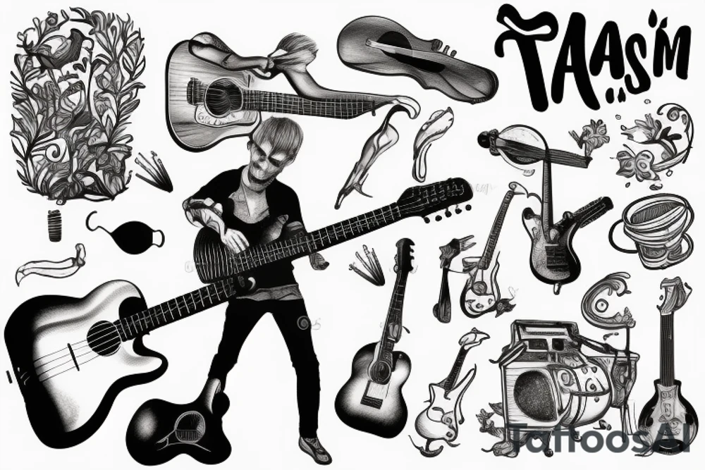 An aquarium musician with guitar piano and a mic tattoo idea