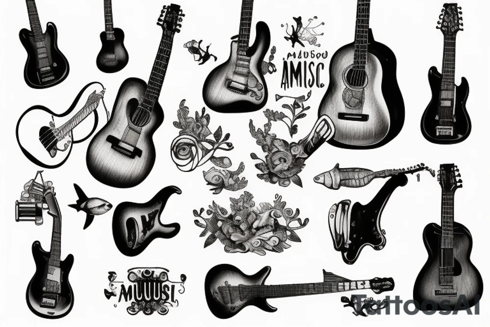 An aquarium musician with guitar piano and a mic tattoo idea