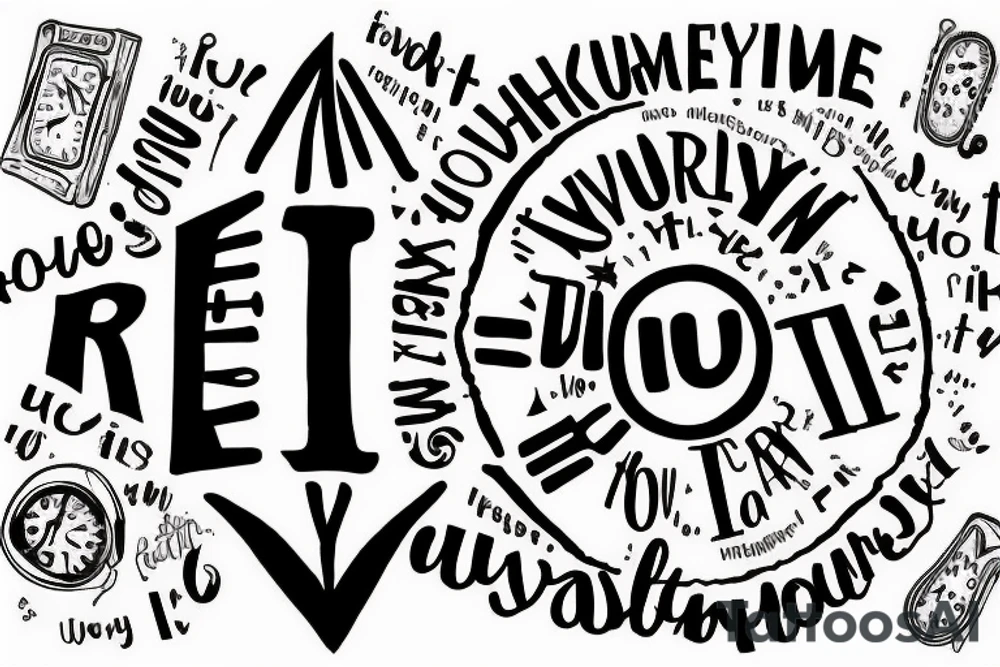 Hourglass in the upper part written "It's" and in the center part down written with letters falling "everywhere", "everyone", "everyday". At the bottom, written "Are you ready for the time of your life?" tattoo idea
