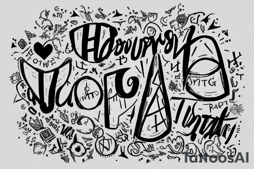 Hourglass in the upper part written "It's" and in the center part down written with letters falling "everywhere", "everyone", "everyday". tattoo idea