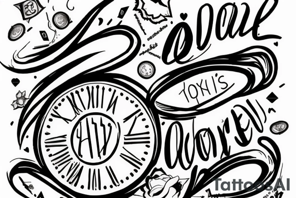 Hourglass in the upper part written "It's" and in the center part down written with letters falling "everywhere", "everyone", "everyday". tattoo idea