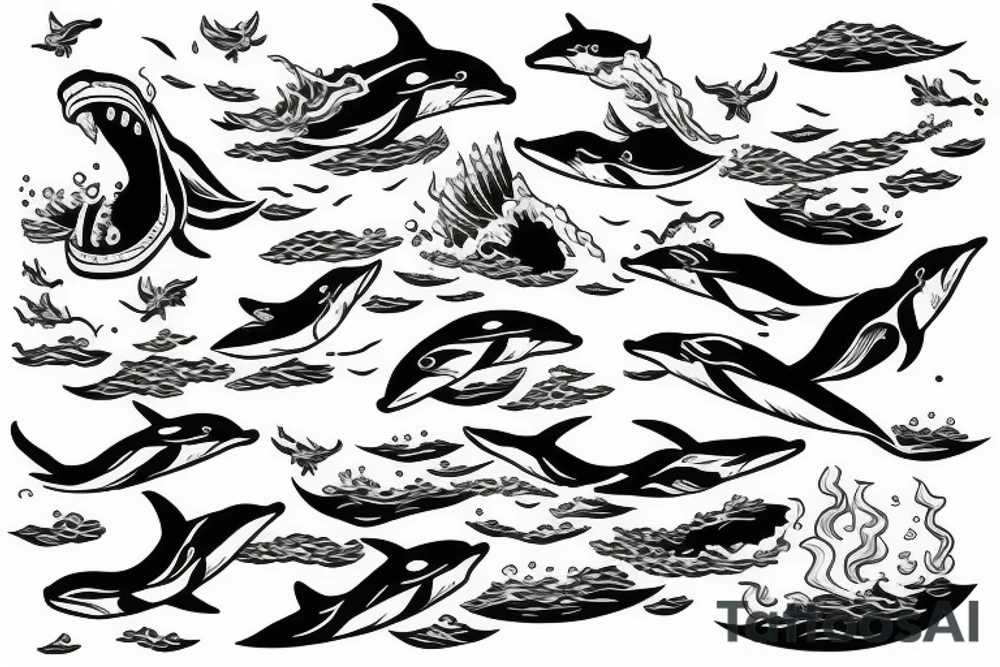 Trident breaching out of the ocean with dolphin swimming tattoo idea