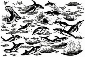 Trident breaching out of the ocean with dolphin swimming tattoo idea