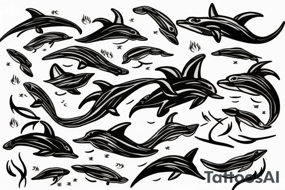 Trident breaching out of the ocean with dolphin swimming tattoo idea