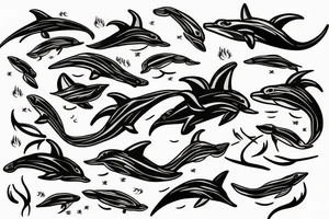 Trident breaching out of the ocean with dolphin swimming tattoo idea