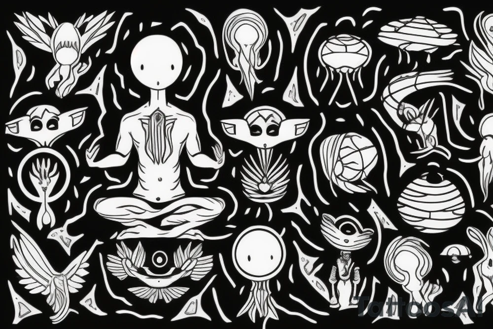 Alien meditating in the middle of the forest near a waterfall tattoo idea
