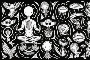 Alien meditating in the middle of the forest near a waterfall tattoo idea