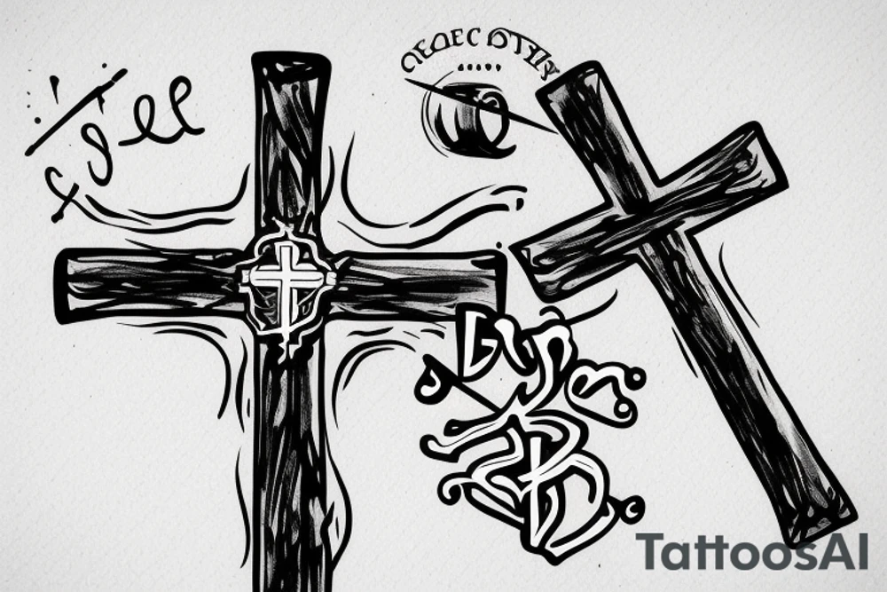 Cross with eye above last name in cross tattoo idea